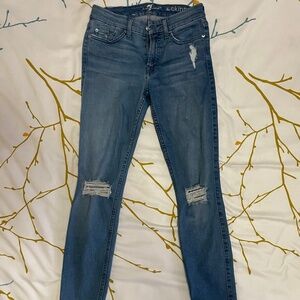 7 For All Mankind The Skinny Jeans Womens 23 Distressed Knee Mid Rise Denim